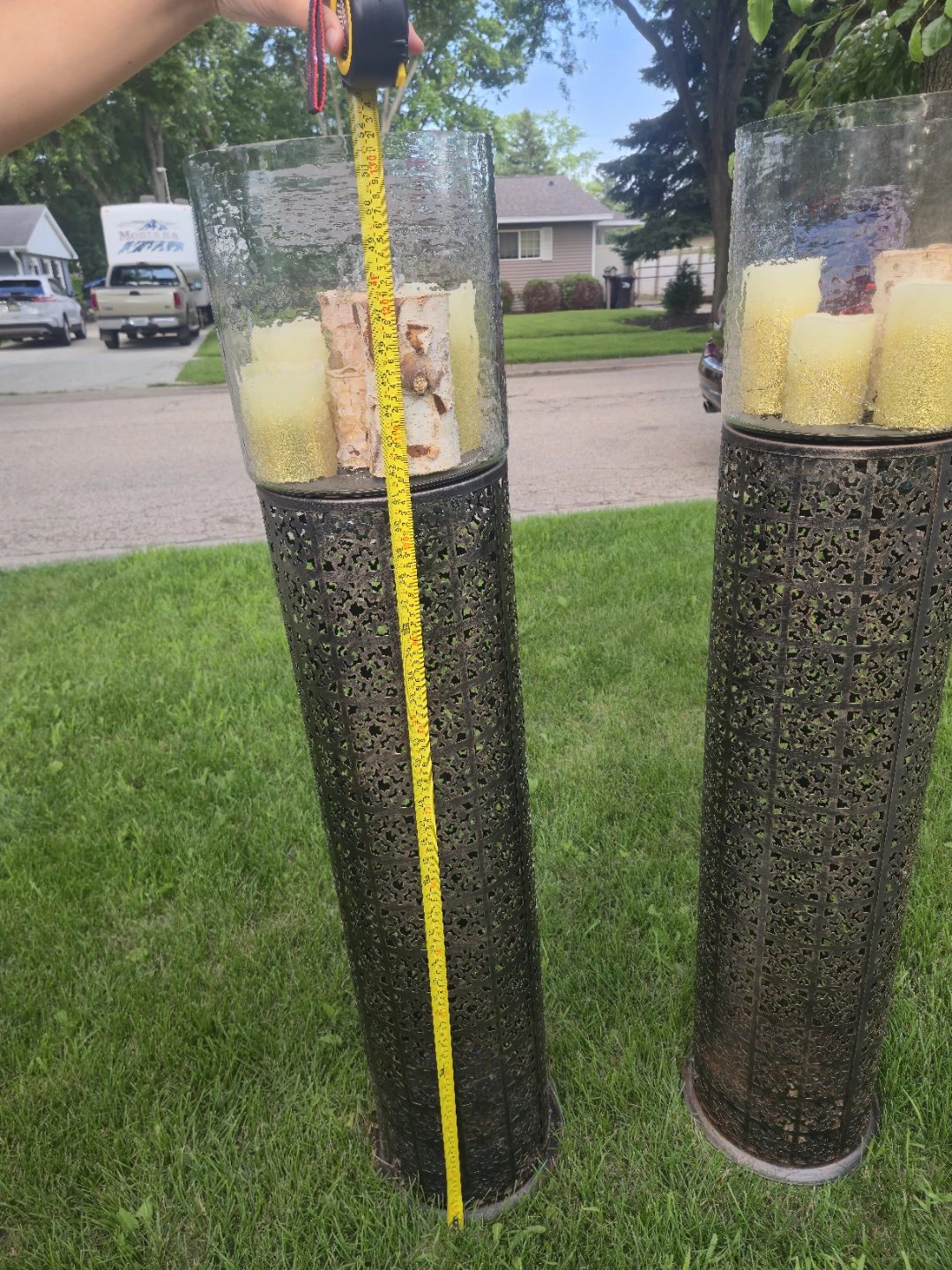 Tall Metal Lanterns with Glass Hurricane and Birch Logs - photo 4