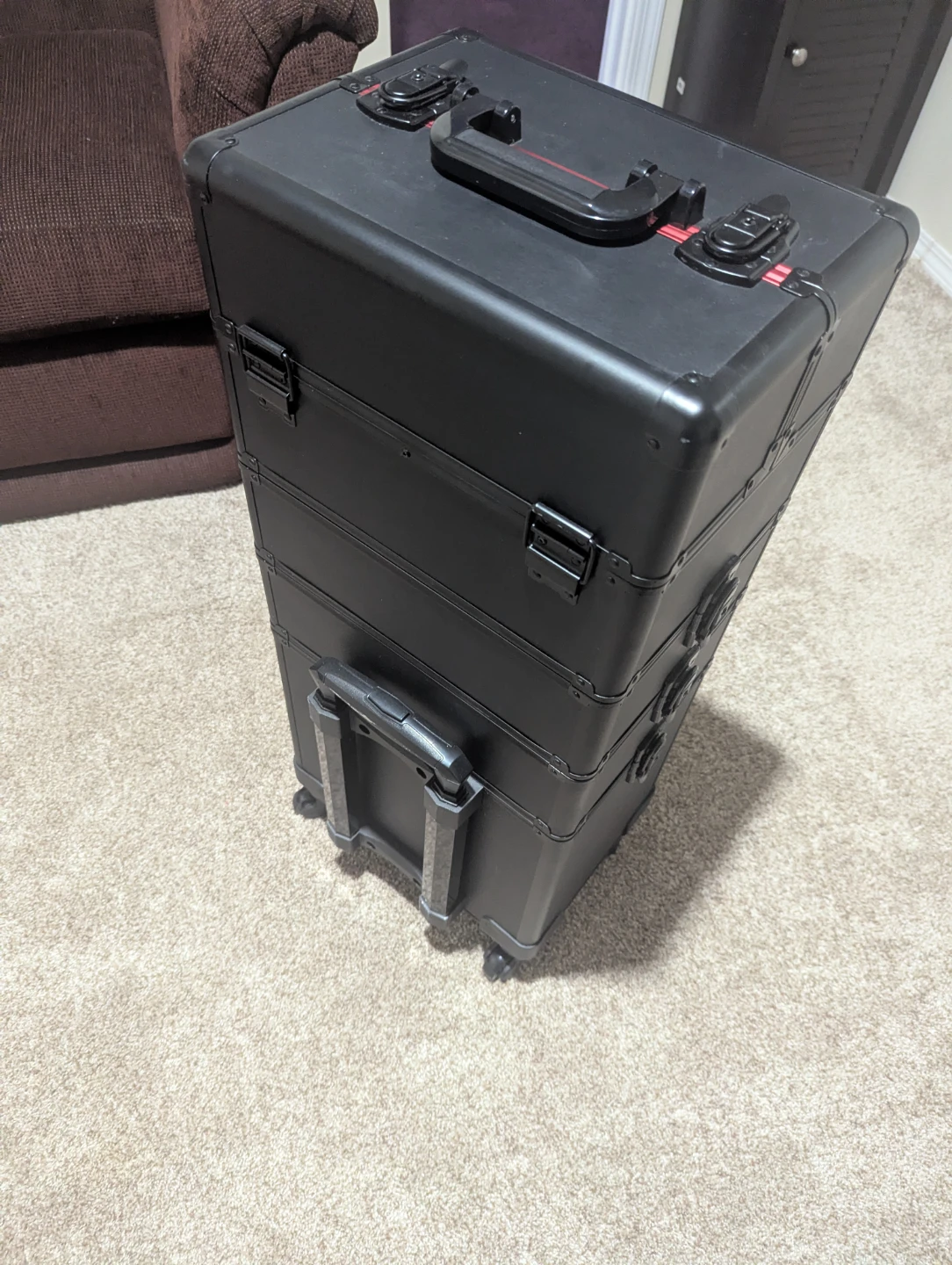 Black Makeup Train Case with Multiple Compartments and Wheels