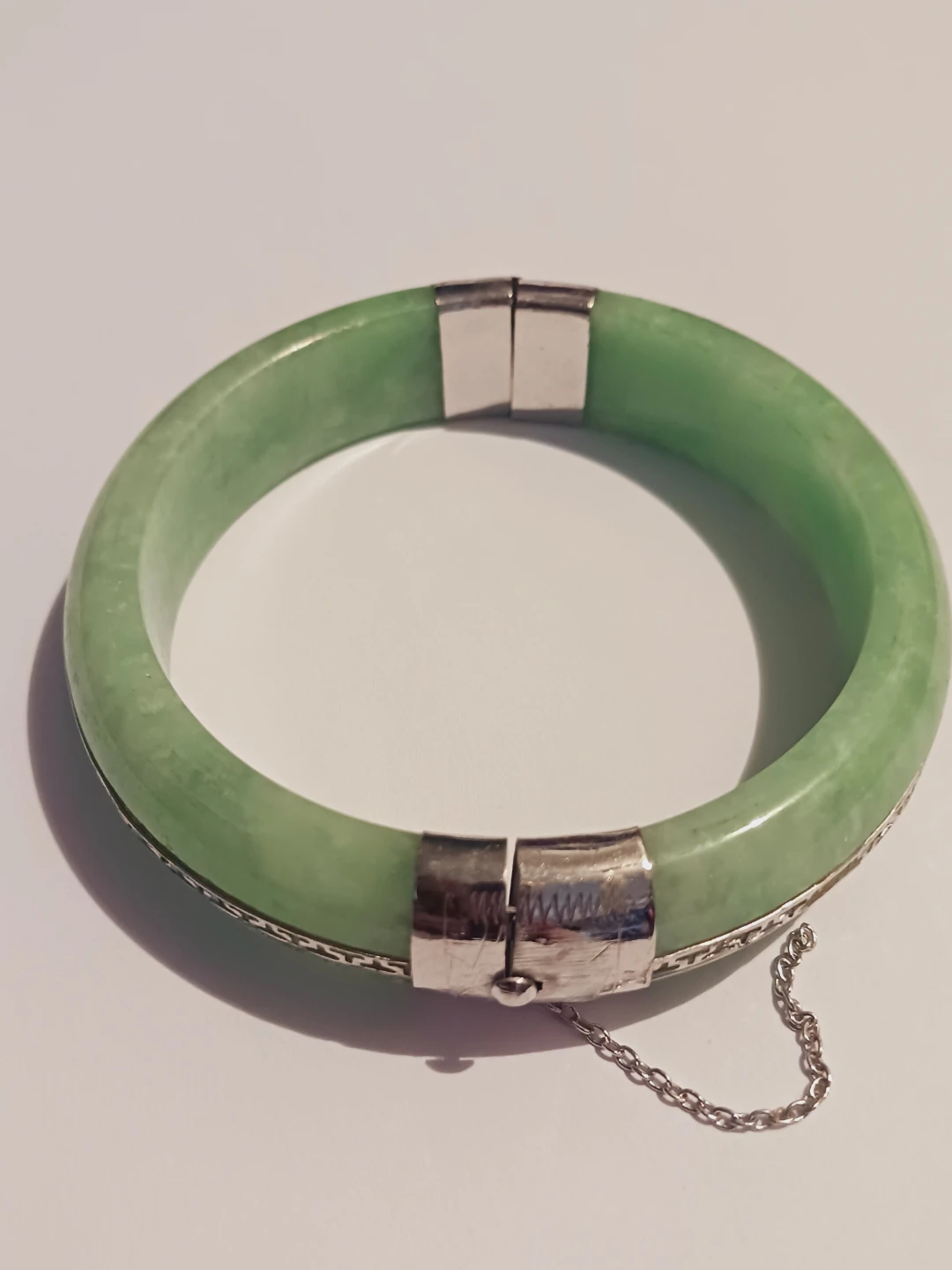Sterling Silver 925 Genuine Jade Hinged Bracelet - photo 2