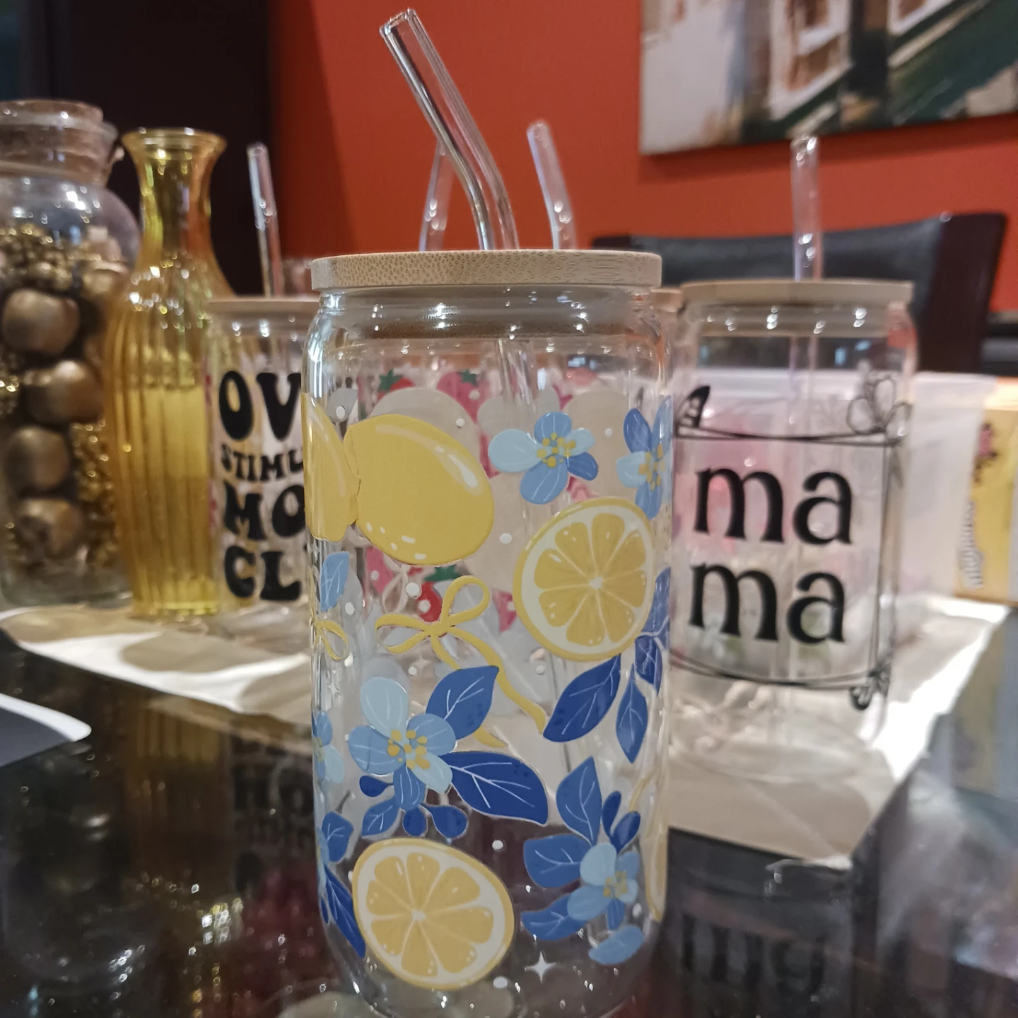 Glass Tumbler with Bamboo Lid and Glass Straw