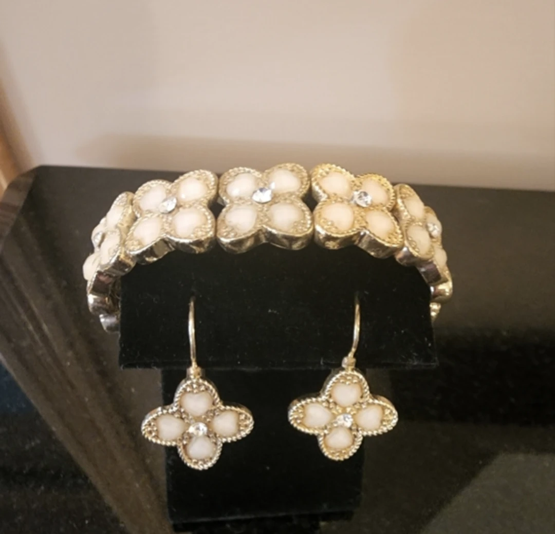 Gold-tone and White Bracelet and Earring Set