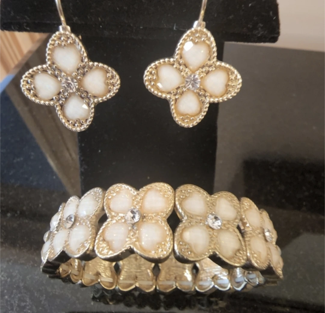 Gold-tone and White Bracelet and Earring Set - photo 2