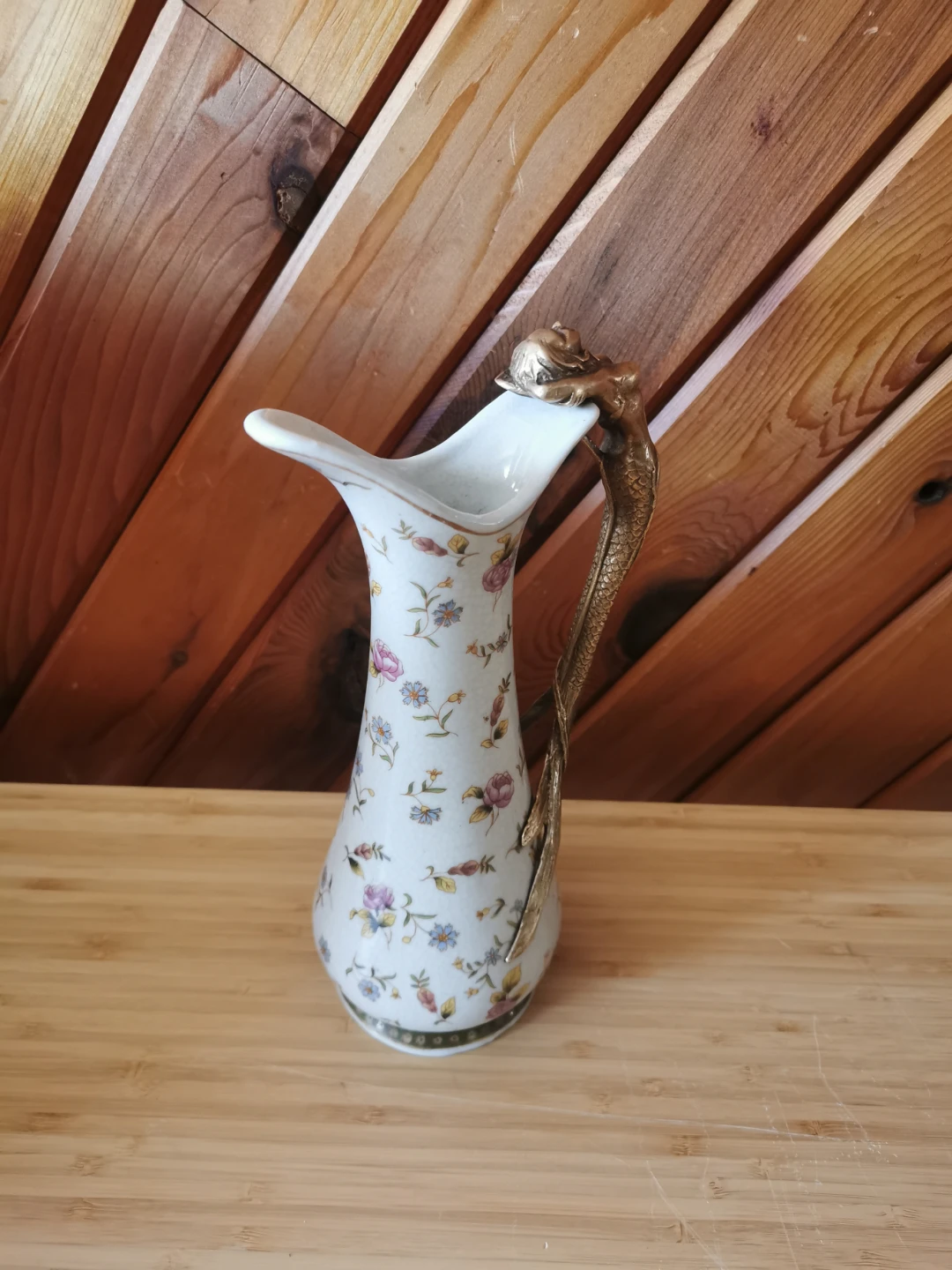 Art Nouveau Porcelain Wine Carafe: Bronze Mermaid Handle - photo 4