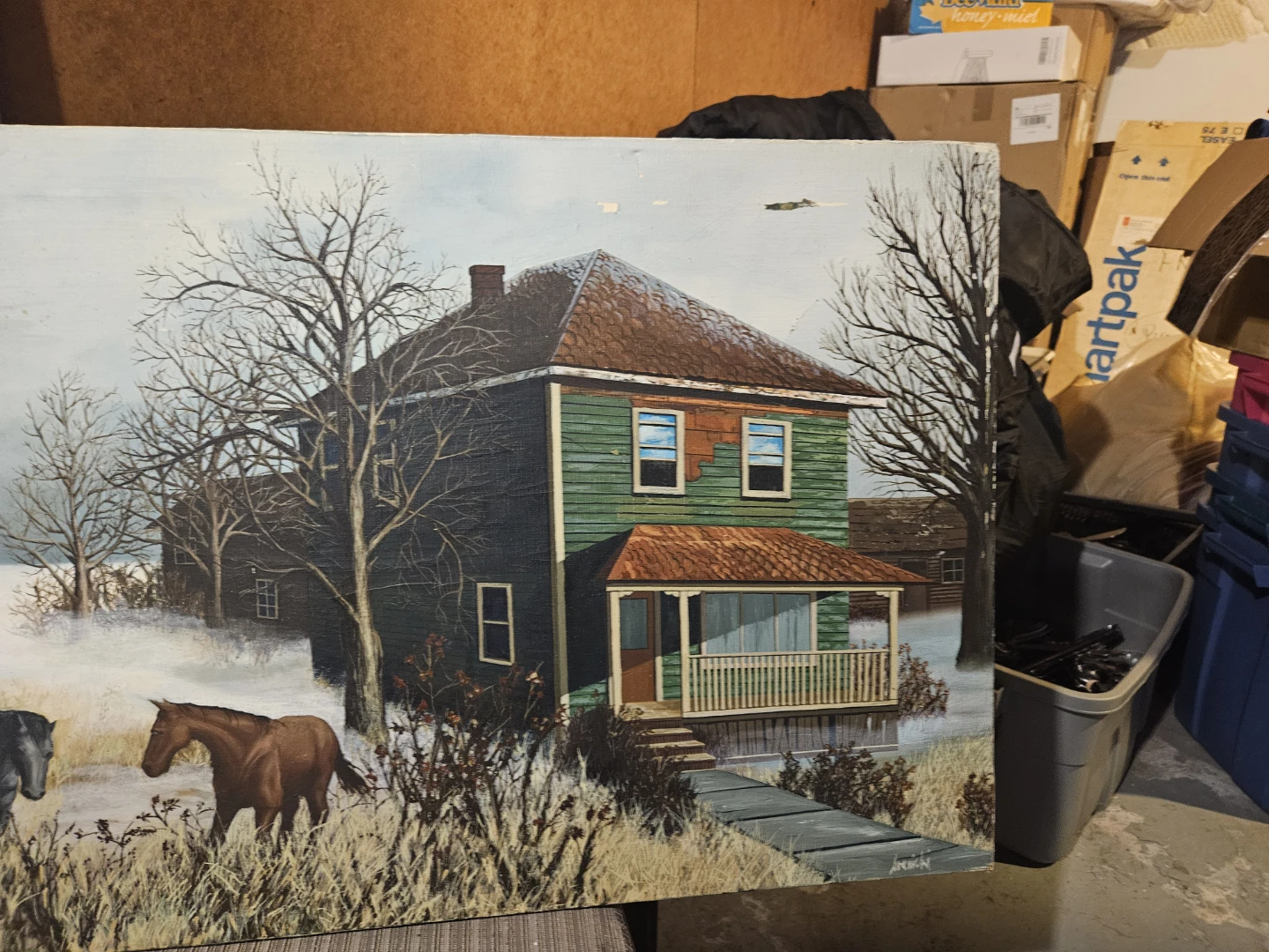 Vintage Horse and Farmhouse Winter Painting - photo 5