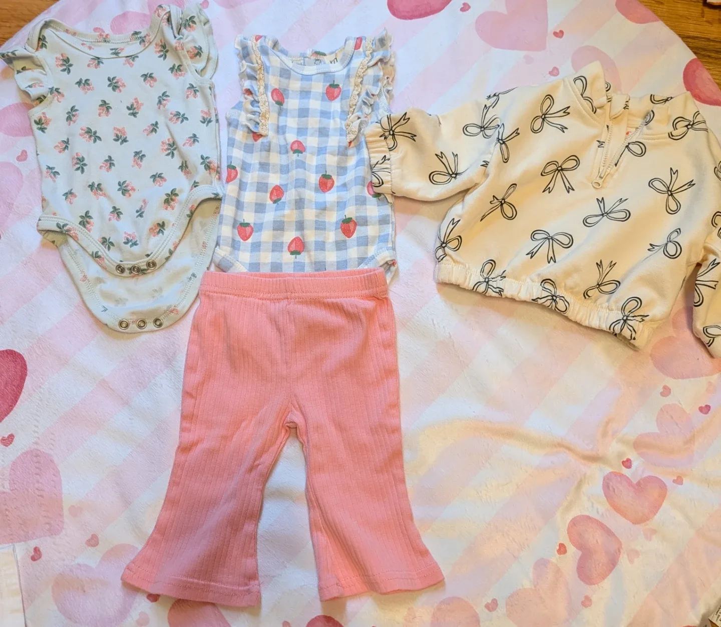 Baby Girl Clothing Set - Bodysuit, Gingham Strawberry Top, Pants