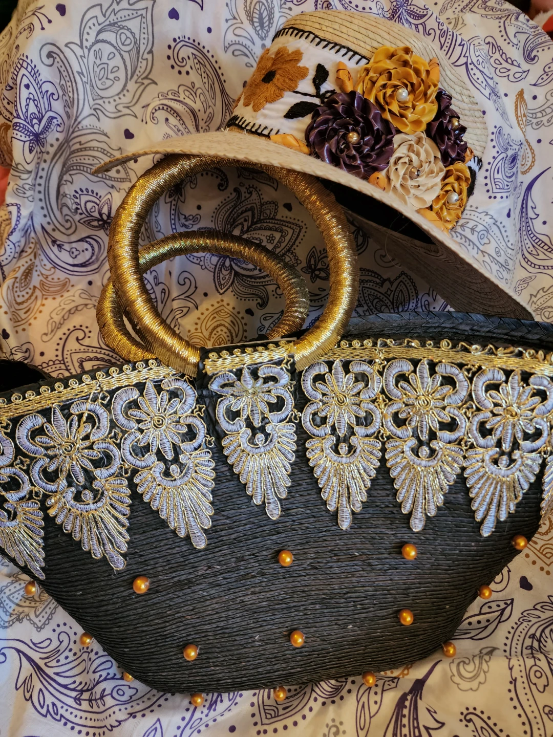 Straw Sun Hat and Woven Tote Bag Set