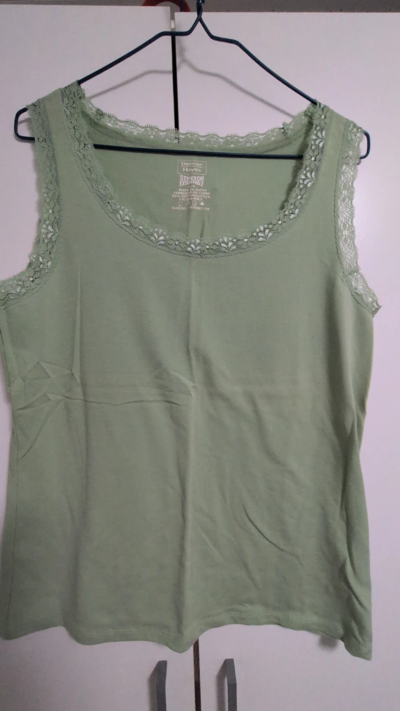 Denver Hayes Light Green Lace Trim Tank Top