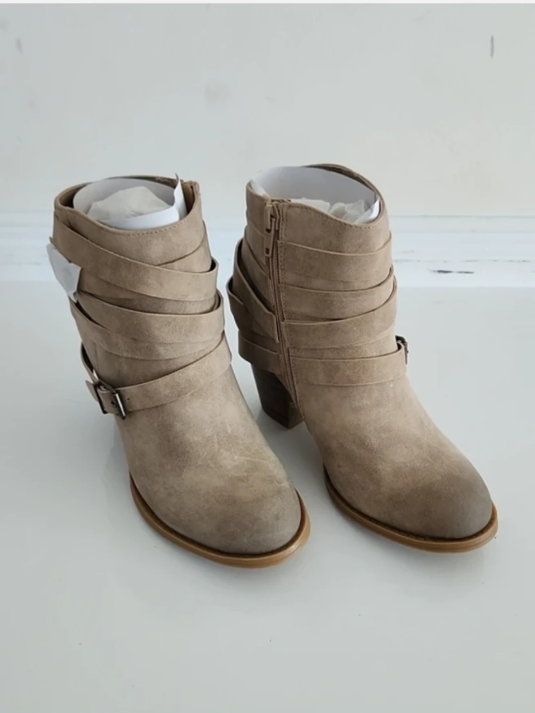 JustFab Taupe Suede Wrap-Strap Ankle Booties