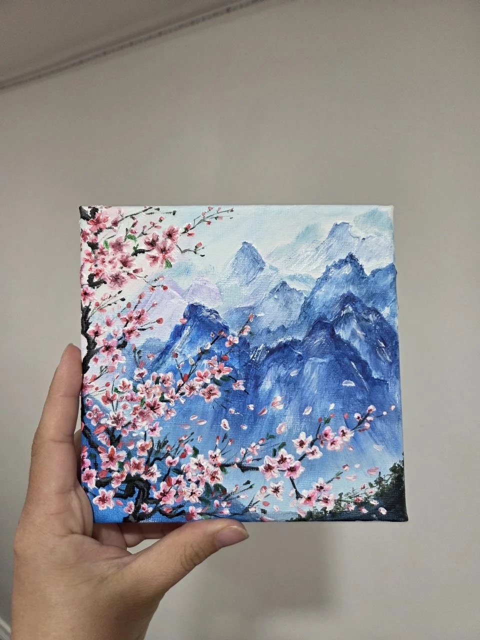 Acrylic Painting of Mountains and Cherry Blossoms