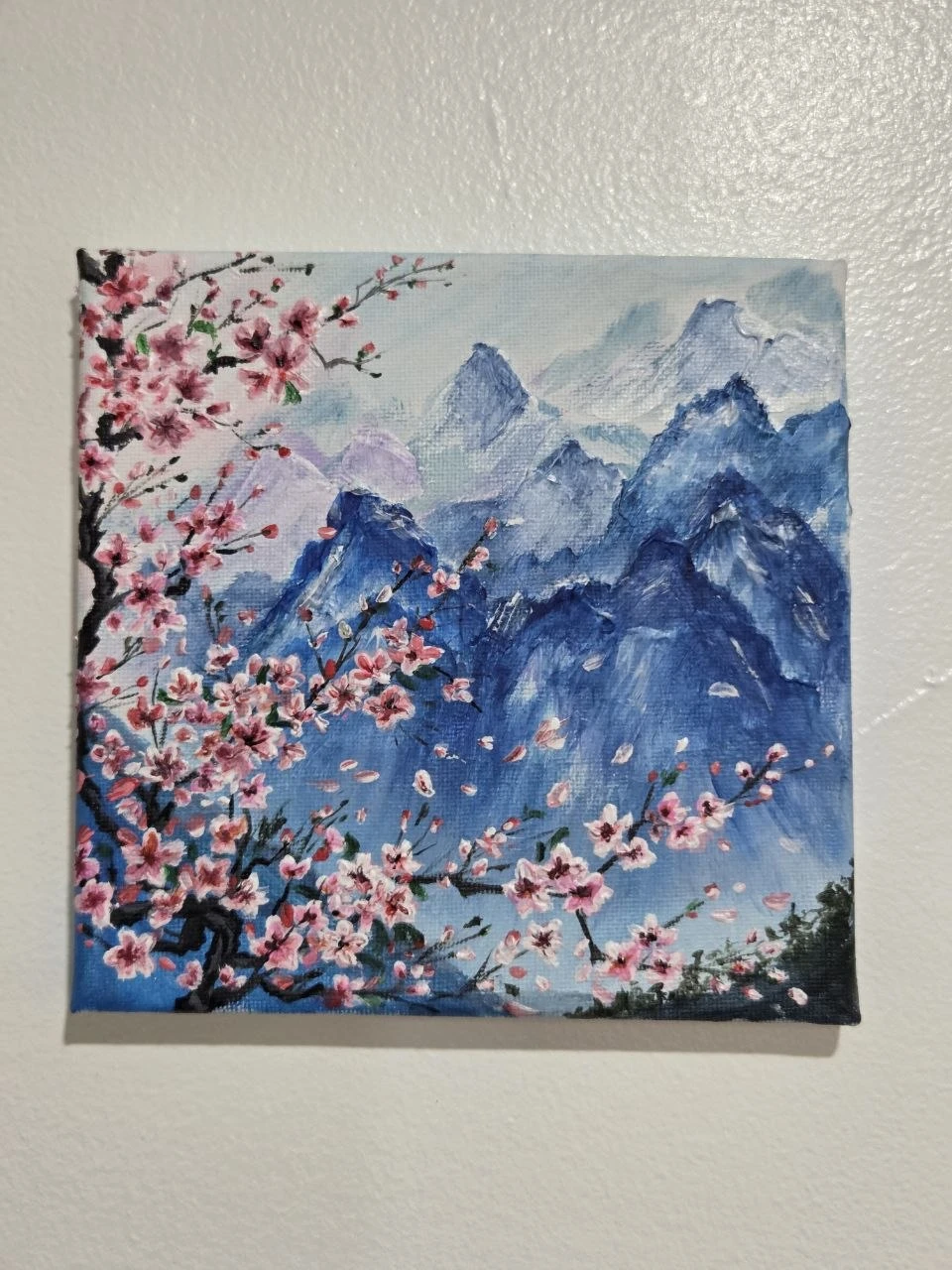 Acrylic Painting of Mountains and Cherry Blossoms - photo 3