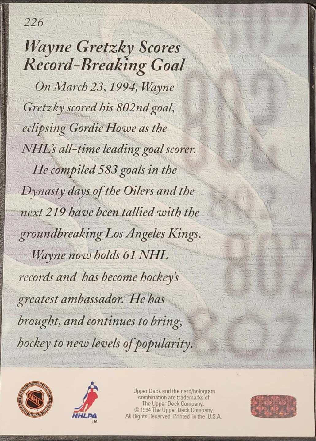 Wayne Gretzky 1994 Upper Deck Record-Breaking Goal Hockey Card - photo 2
