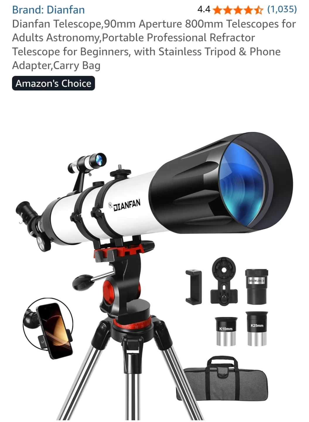 Dianfan 90mm Refractor Telescope with Stainless Tripod