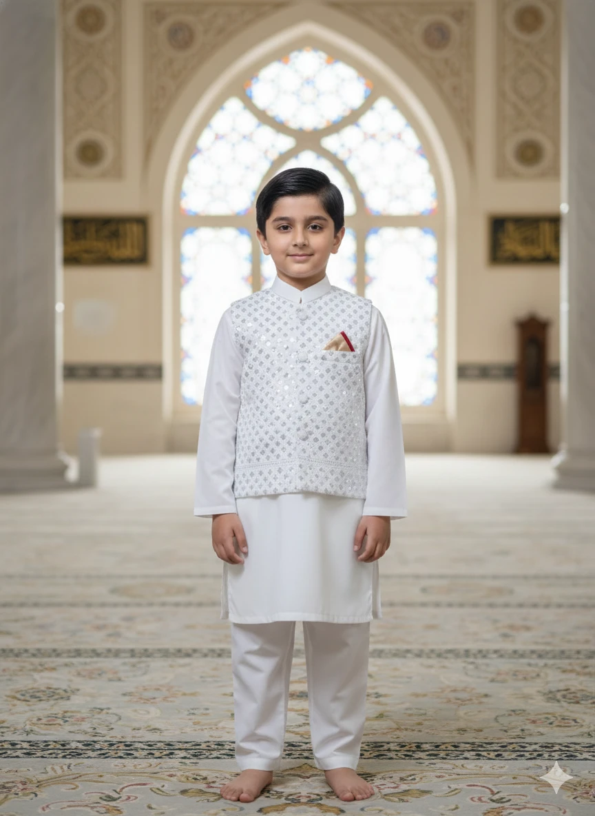 White Sequined Vest Kurta Set for Boys