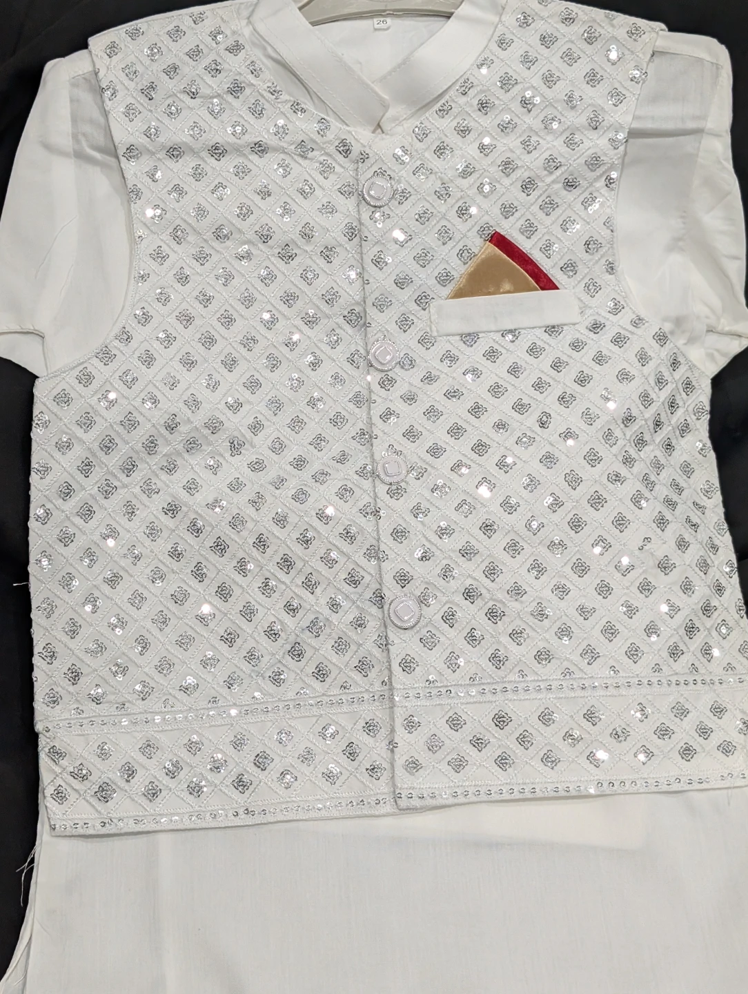 White Sequined Vest Kurta Set for Boys - photo 2