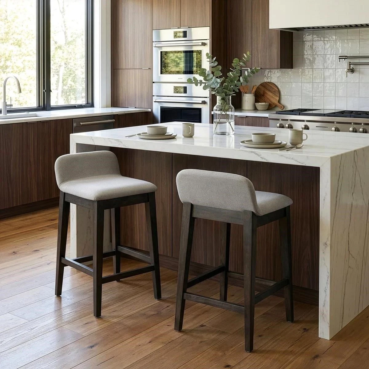 Bar Stool Set - Grey Fabric and Wood