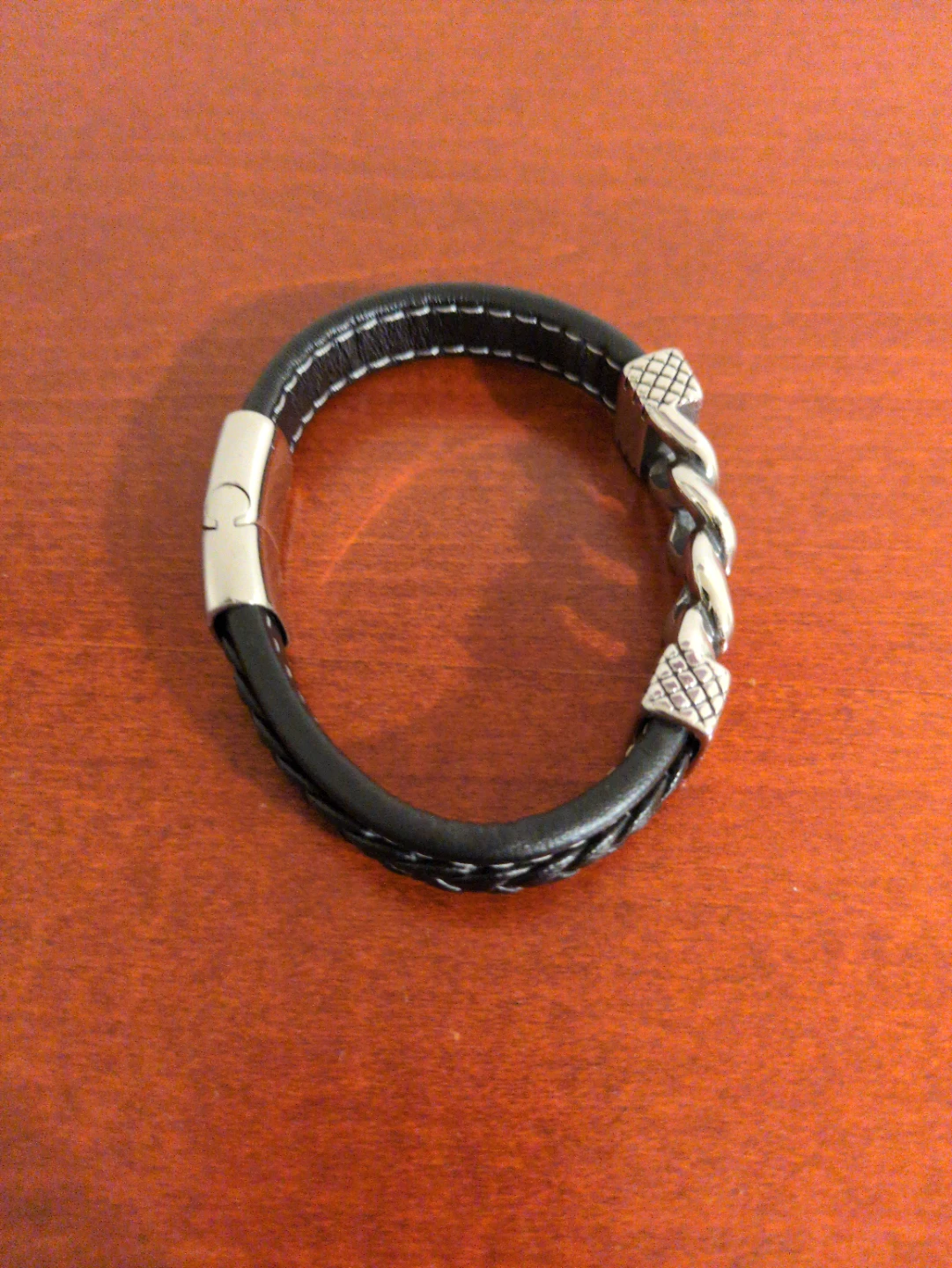 Men's Black Leather Bracelet with Silver Accents - photo 4