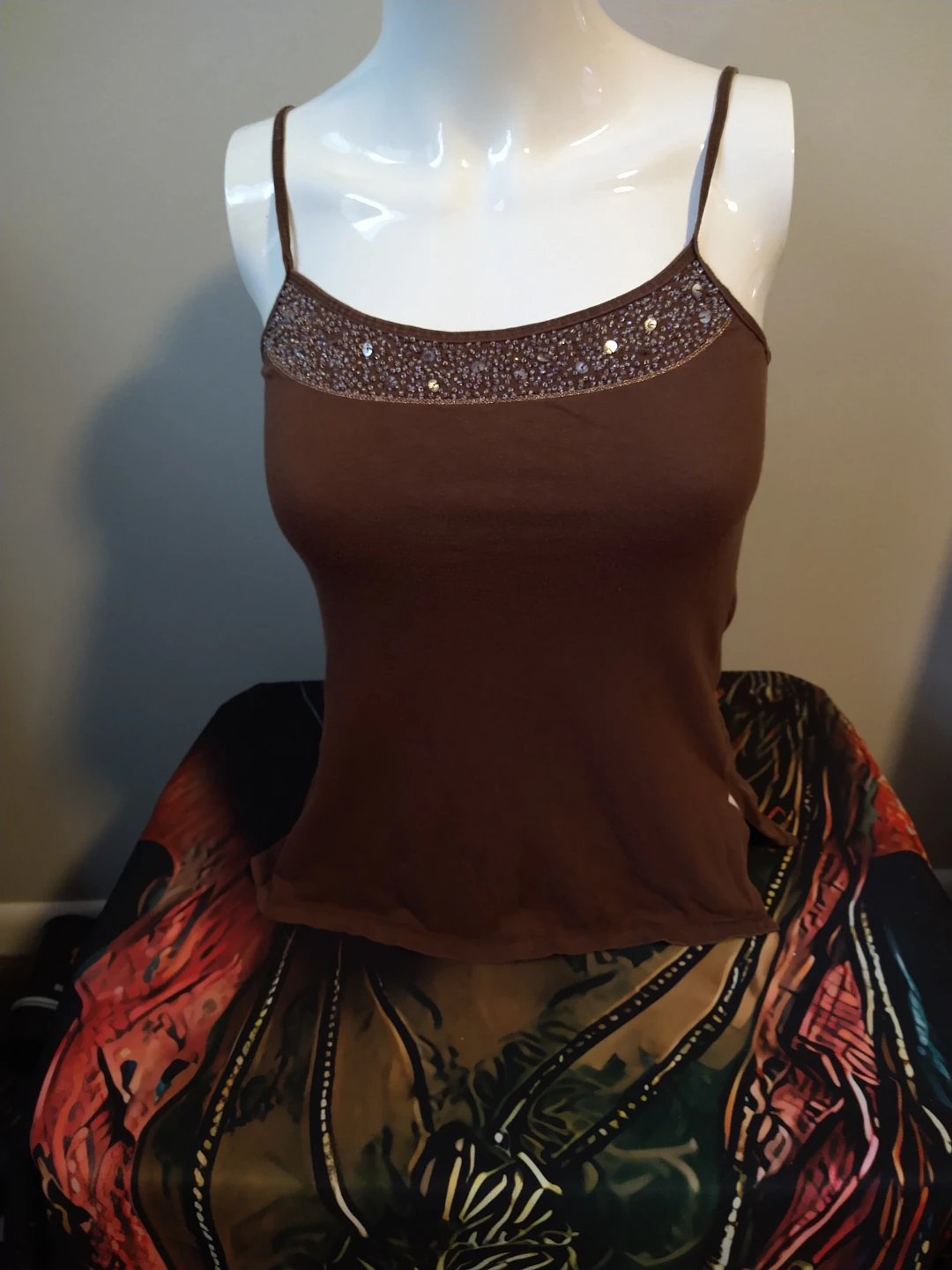 Y2K American Eagle Brown Beaded Sequin Cami Top XS
