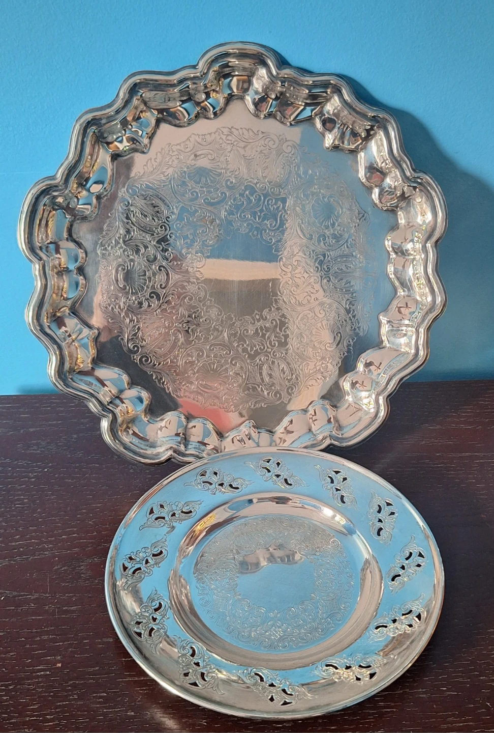Vintage Silver-plated Viking Plate Serving Tray and Small Plate