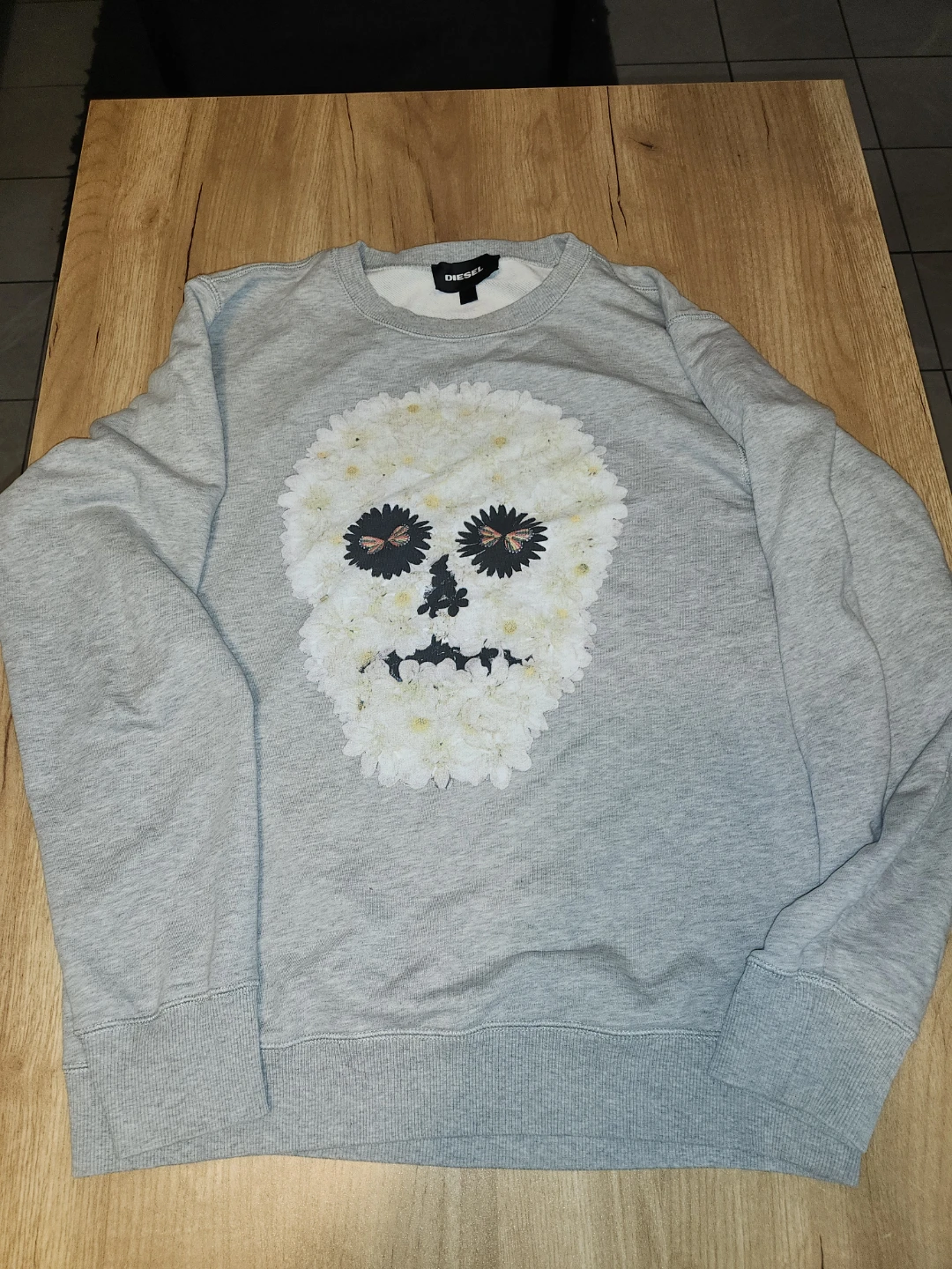 Diesel Crewneck Sweatshirt Skull Floral Graphic Grey Size L