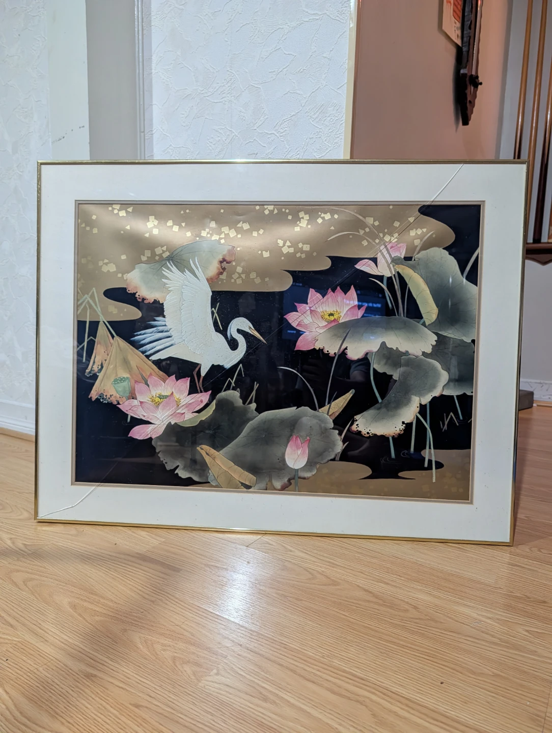 Framed Japanese Crane and Lotus Flower Art