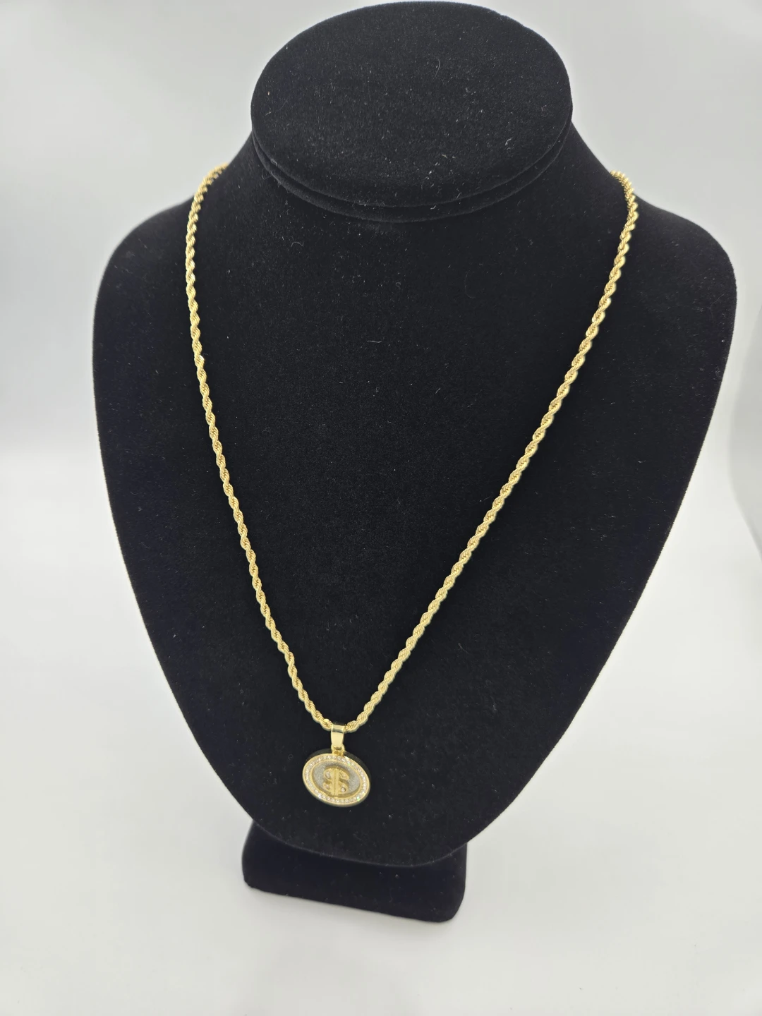 Gold plated Rope Chain Necklace with Dollar Sign Pendant