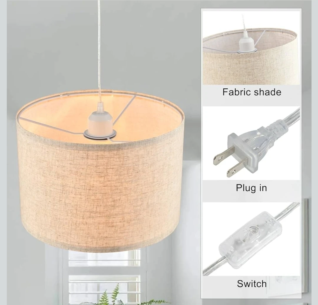 2 Pack Plug-in Pendant Lights, Beige Linen Fabric Shade - photo 4