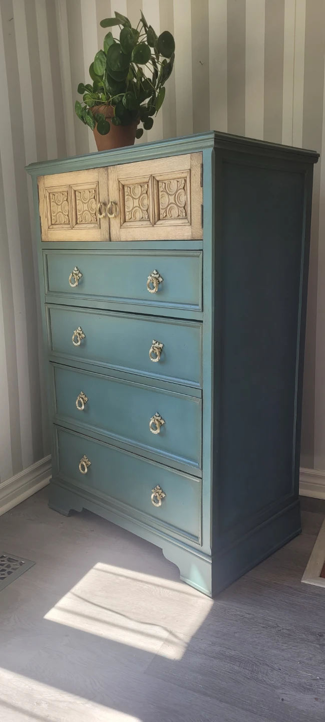 Vintage Blue Dresser with Carved Wood Top - photo 2