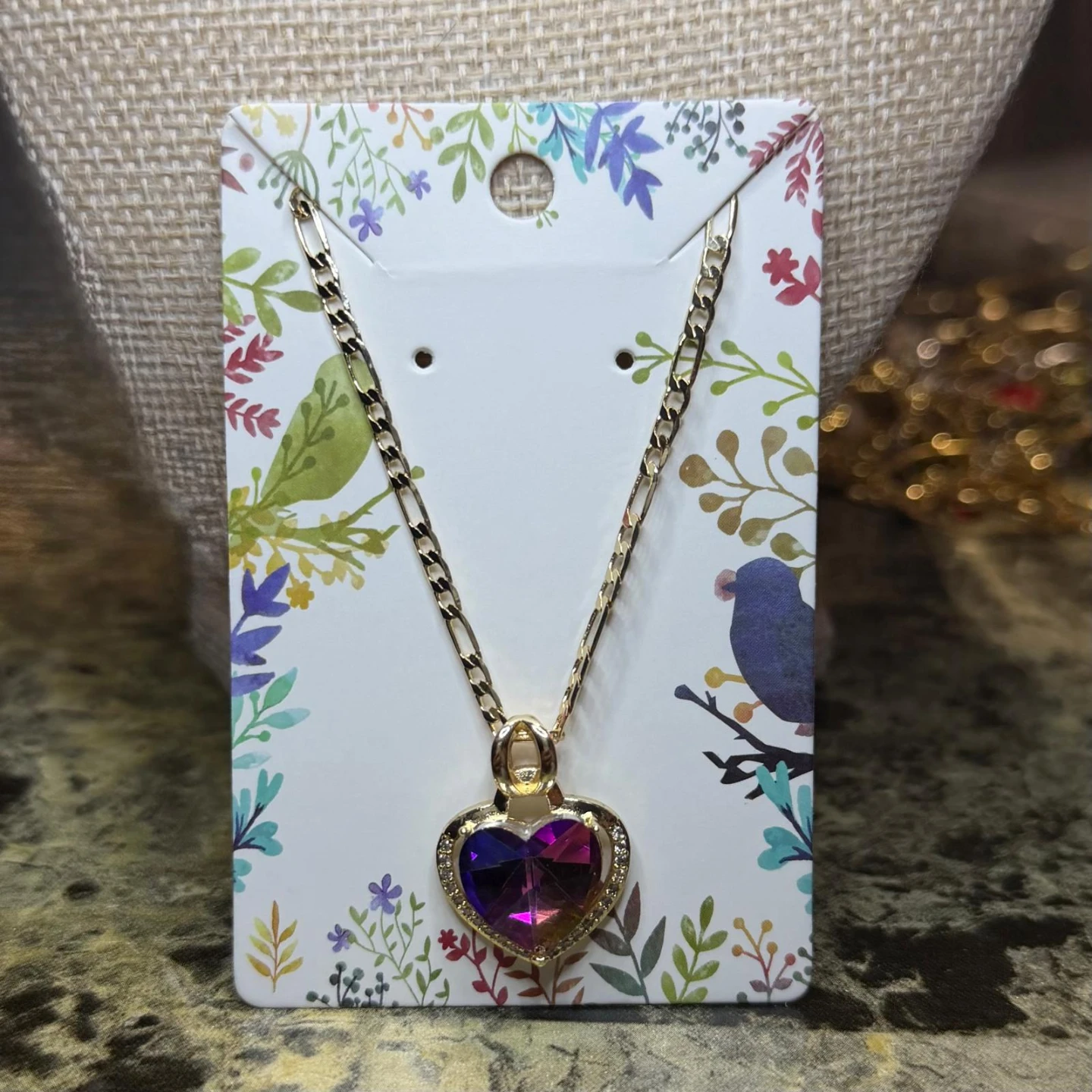 Gold laminated 14k Heart Pendant Necklace with Rhinestone Trim