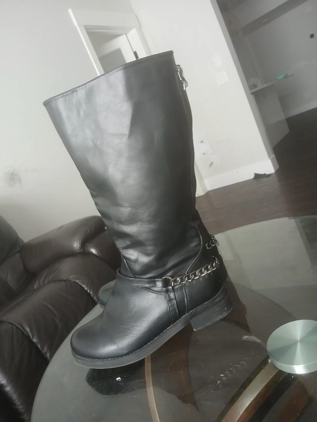 Black Knee-High Boots with Chain Detail