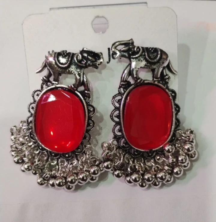 Elephant Design Red Stone Dangle Earrings
