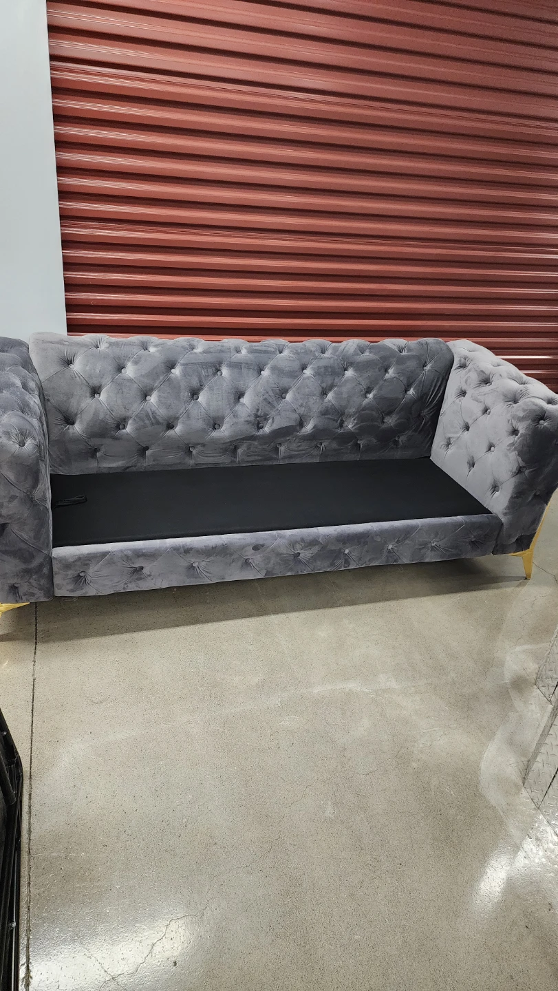 Grey Velvet Tufted Sofa with Gold Legs - photo 2