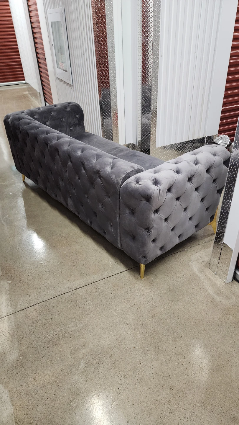 Grey Velvet Tufted Sofa with Gold Legs - photo 4