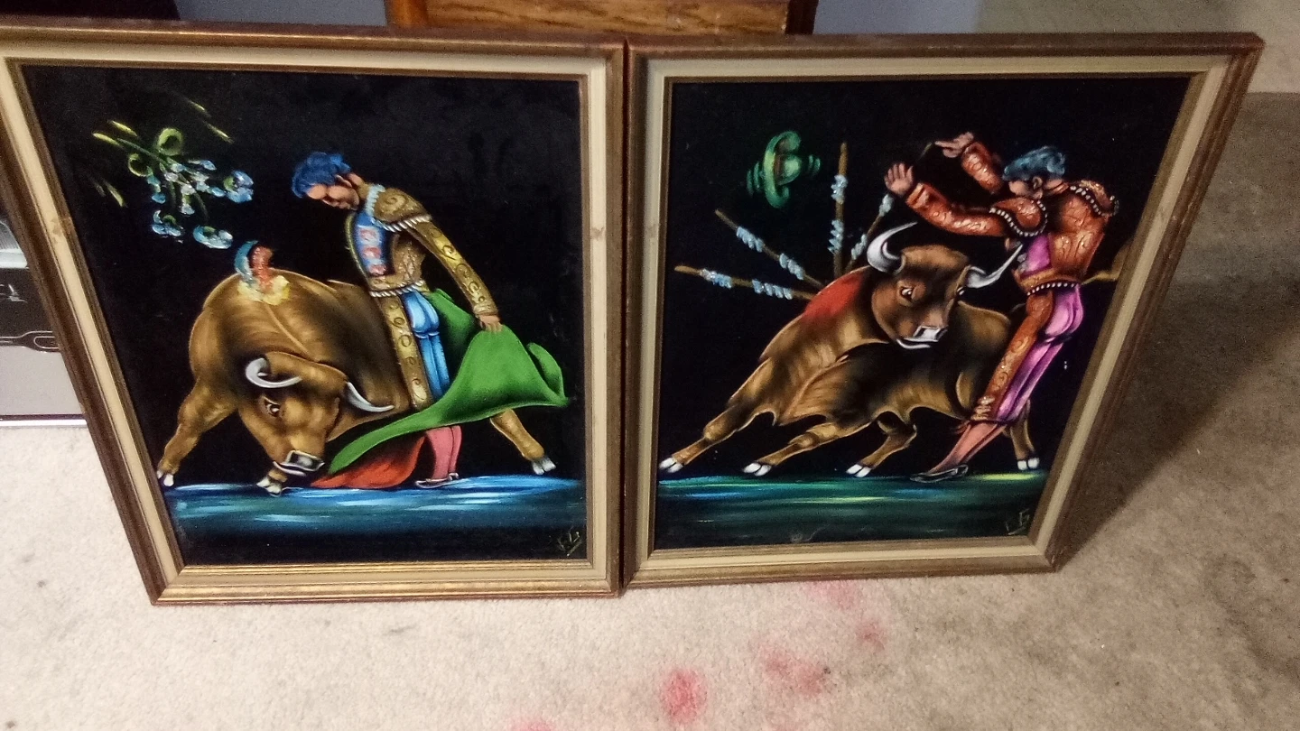 1970s Framed Velvet Bullfighting Paintings - Set of 2