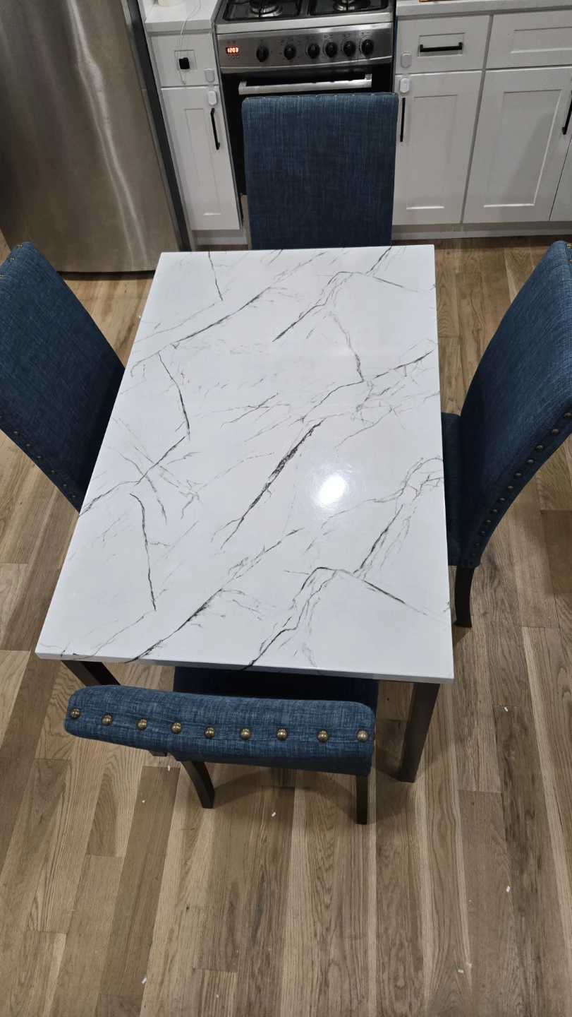 Marble Top Dining Table with 4 Blue Upholstered Chairs