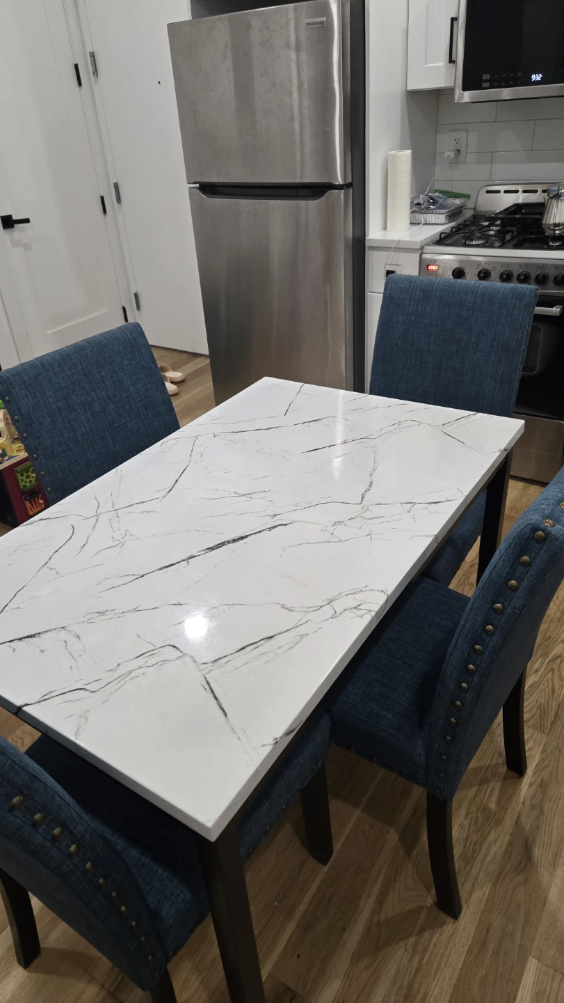 Marble Top Dining Table with 4 Blue Upholstered Chairs - photo 2