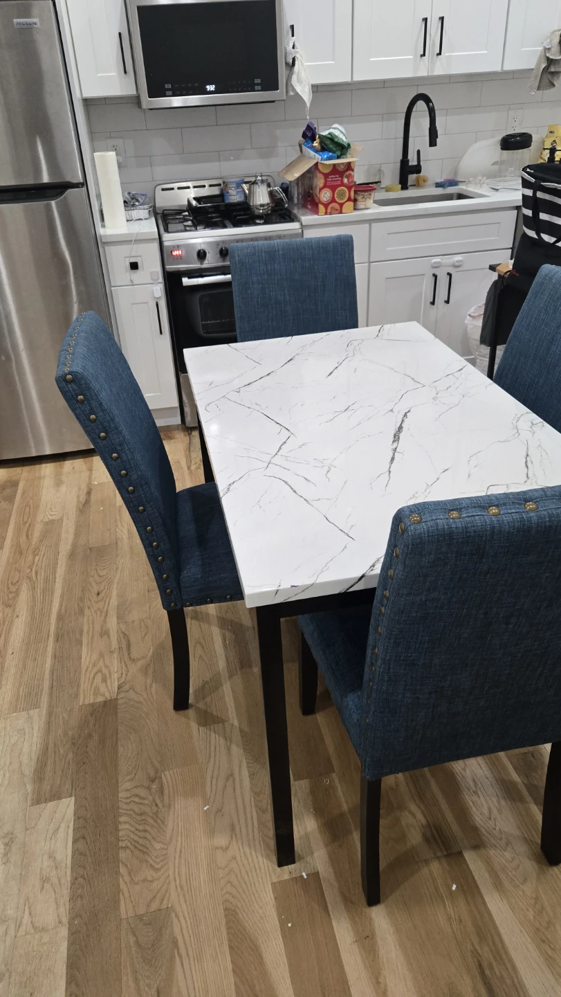Marble Top Dining Table with 4 Blue Upholstered Chairs - photo 5