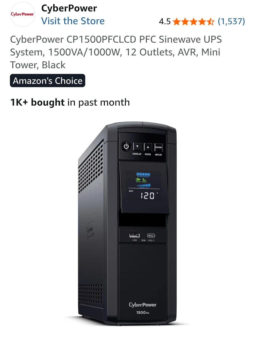CyberPower CP1500PFCLCD PFC Sinewave UPS System, 1500VA/1000W