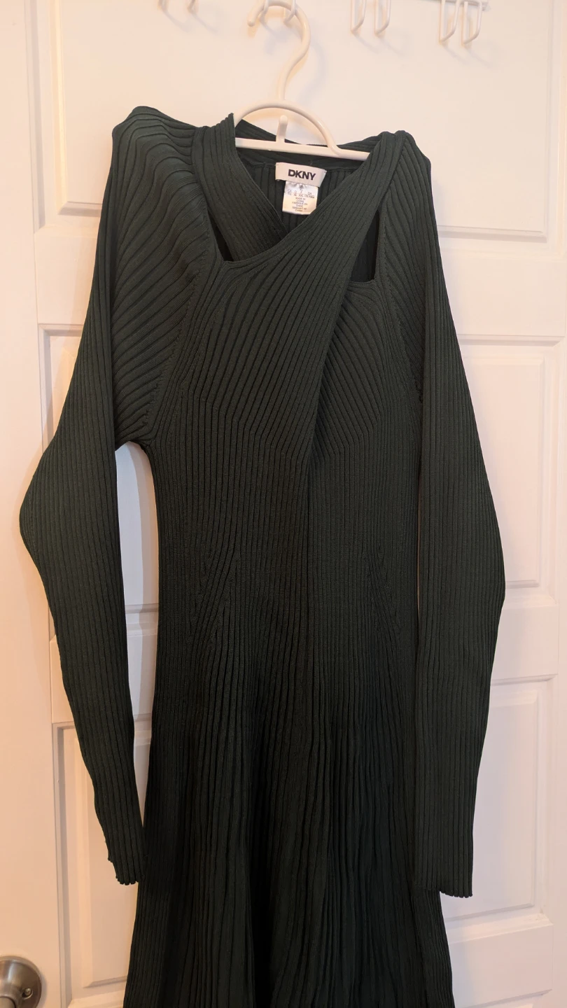 DKNY Ribbed Knit Asymmetrical Midi Dress Green XL