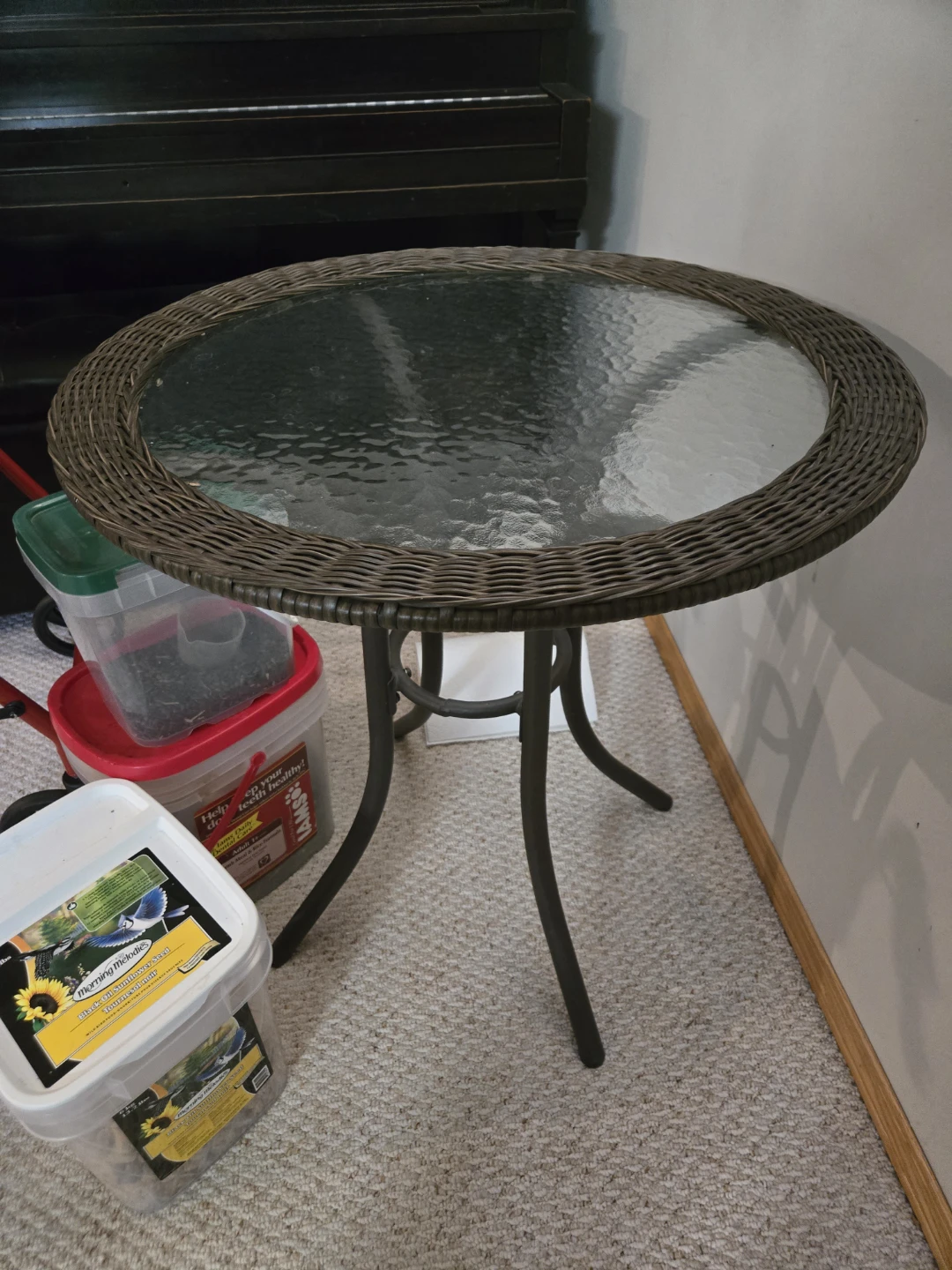 Round Wicker Bistro Table with Glass Top