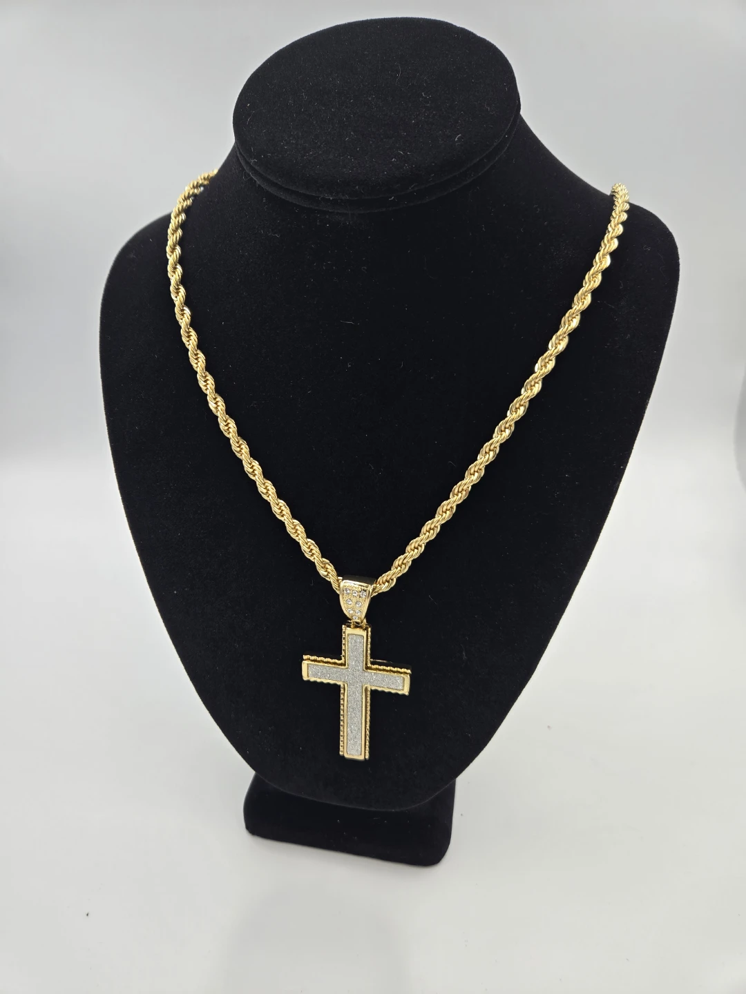 Gold plated Rope Chain Necklace with Cross Pendant