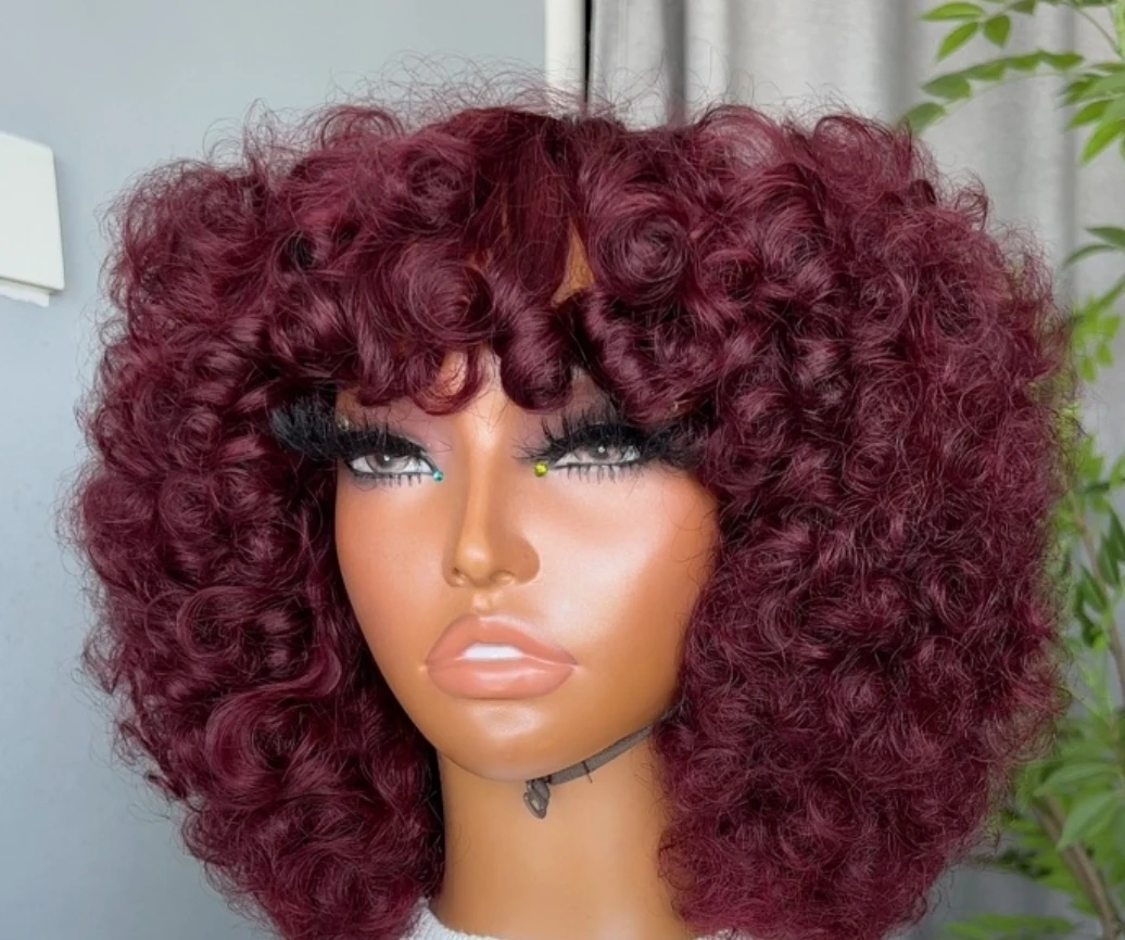 Burgundy Curly Bob Wig with Bangs