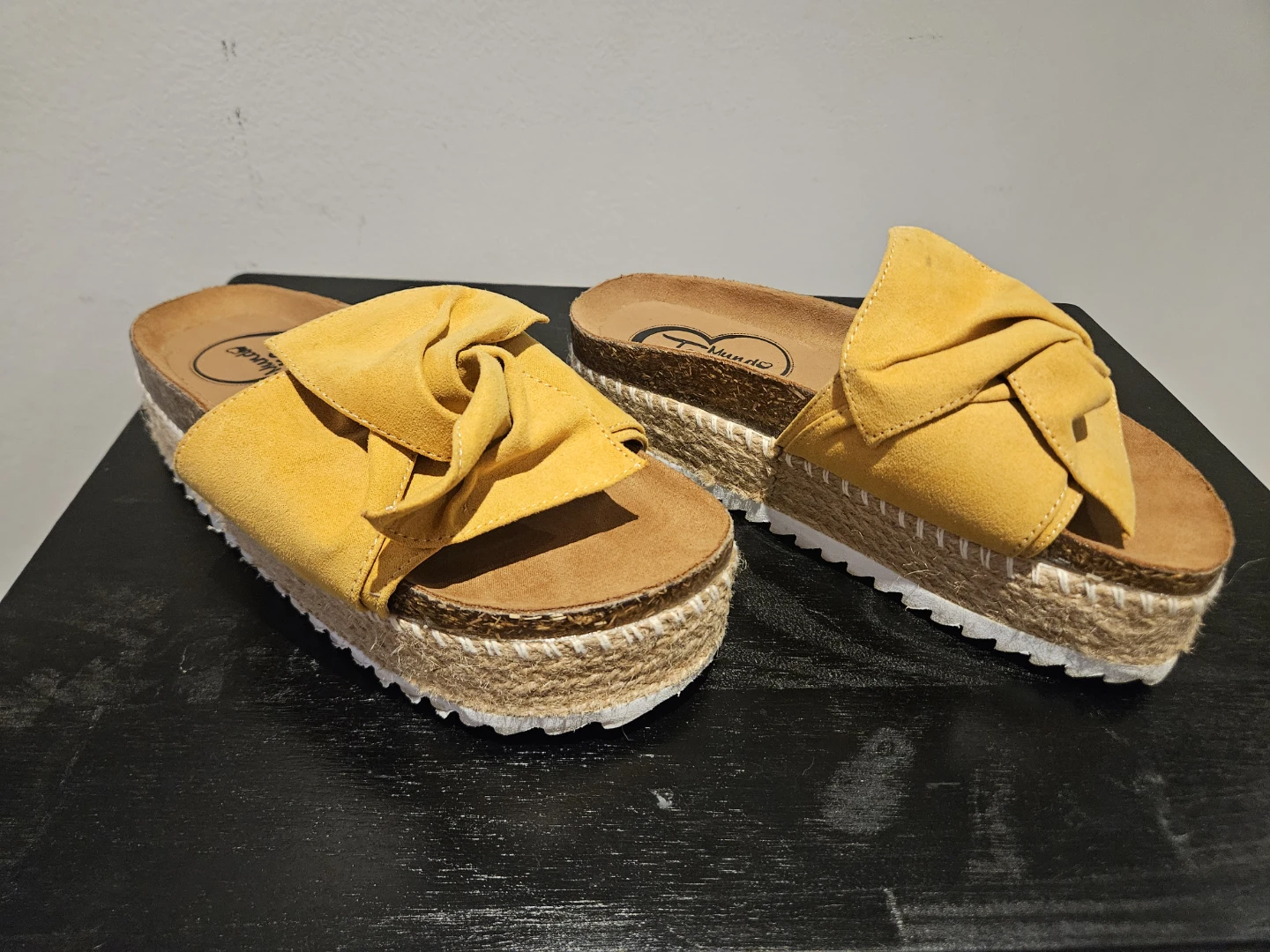 Mundo Terra Yellow Suede Bow Platform Slide Sandals