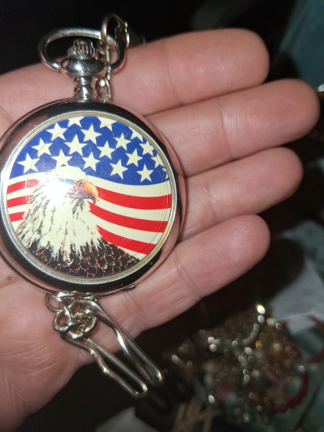 Pocket Watch with Eagle and American Flag Design