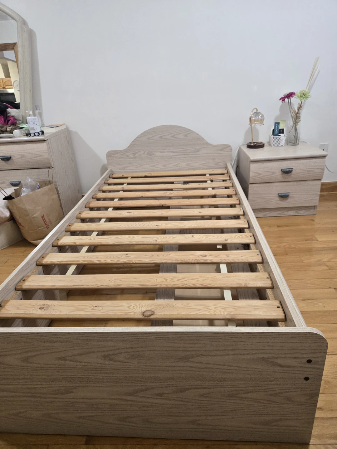 Light wood twin bed frame with drawers + night stand
