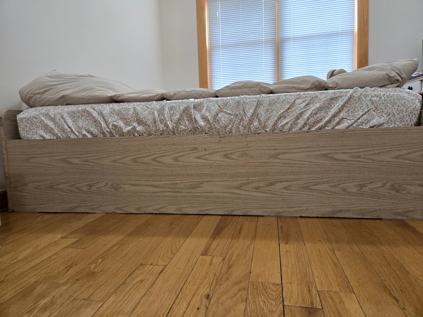 Light wood twin bed frame with drawers + night stand - photo 3