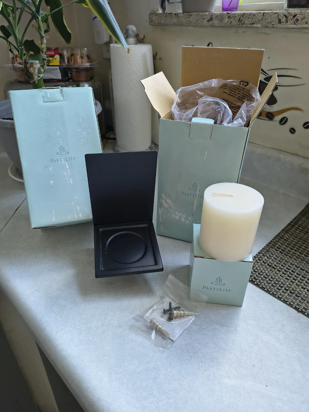 PartyLite Black Metal Candle Holder w/Vanilla Pillar Candle
