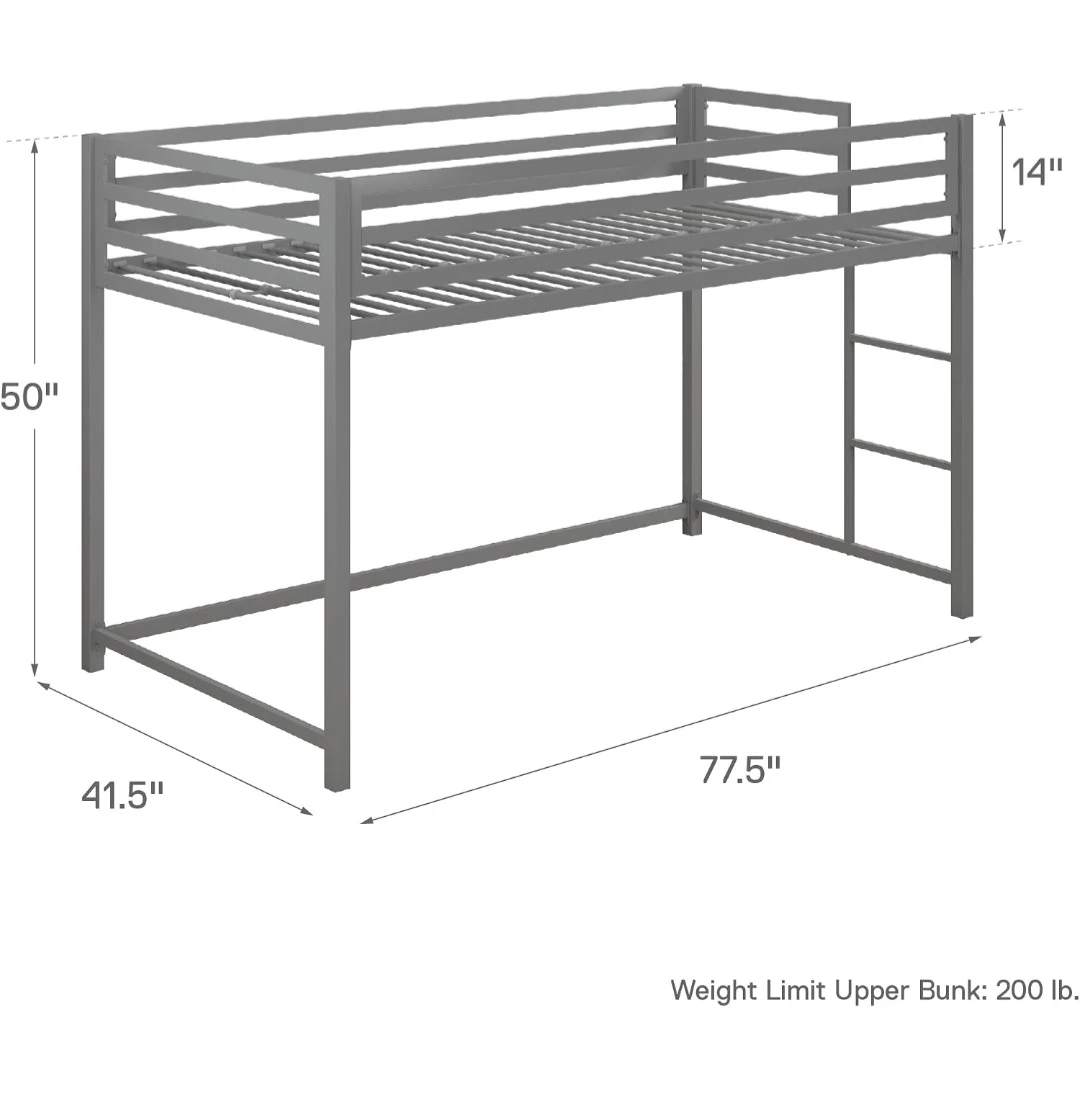 Grey Metal Twin Loft Bed with Full-Length Guardrails - photo 4
