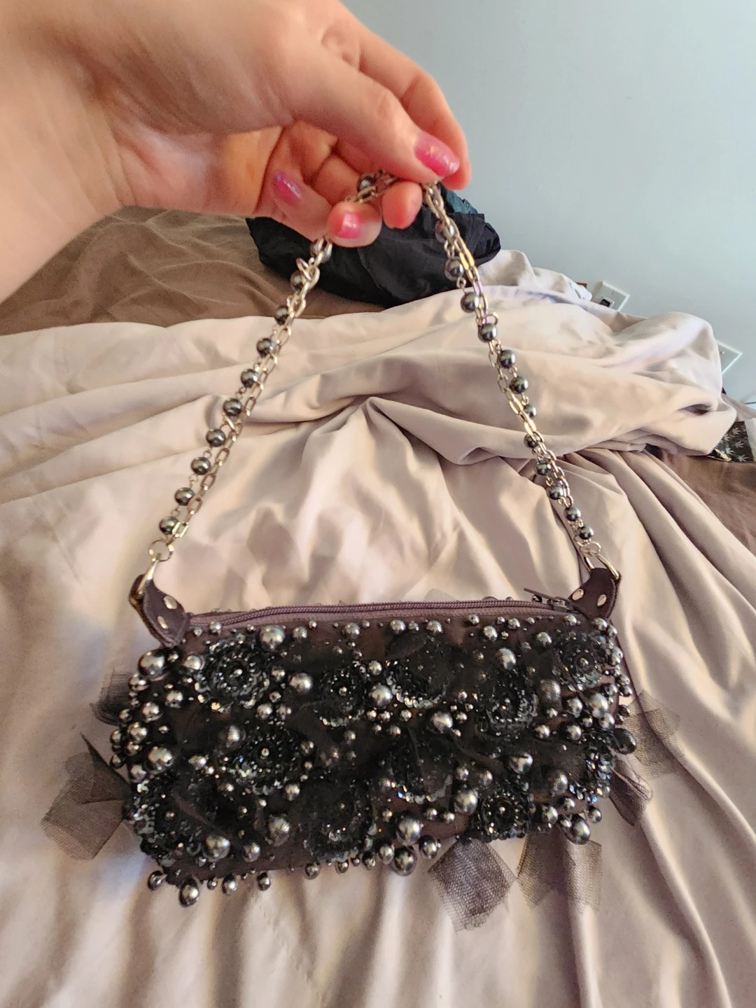 Dark Grey Pearl Beaded Silk Clutch - photo 3