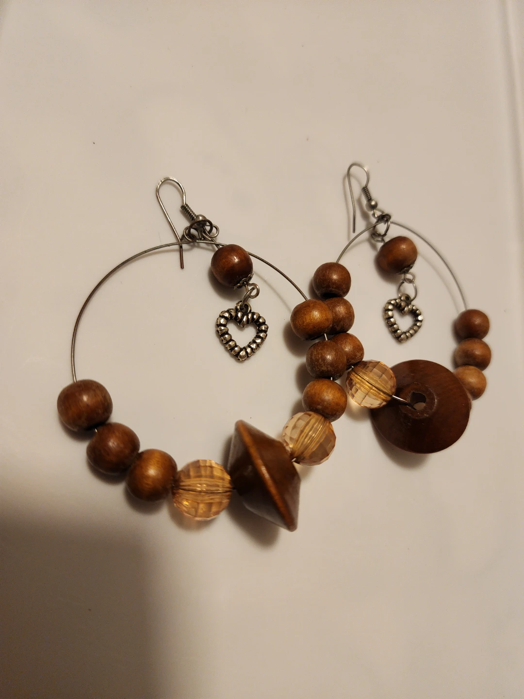 Wooden Hoop Earrings with Heart Charms