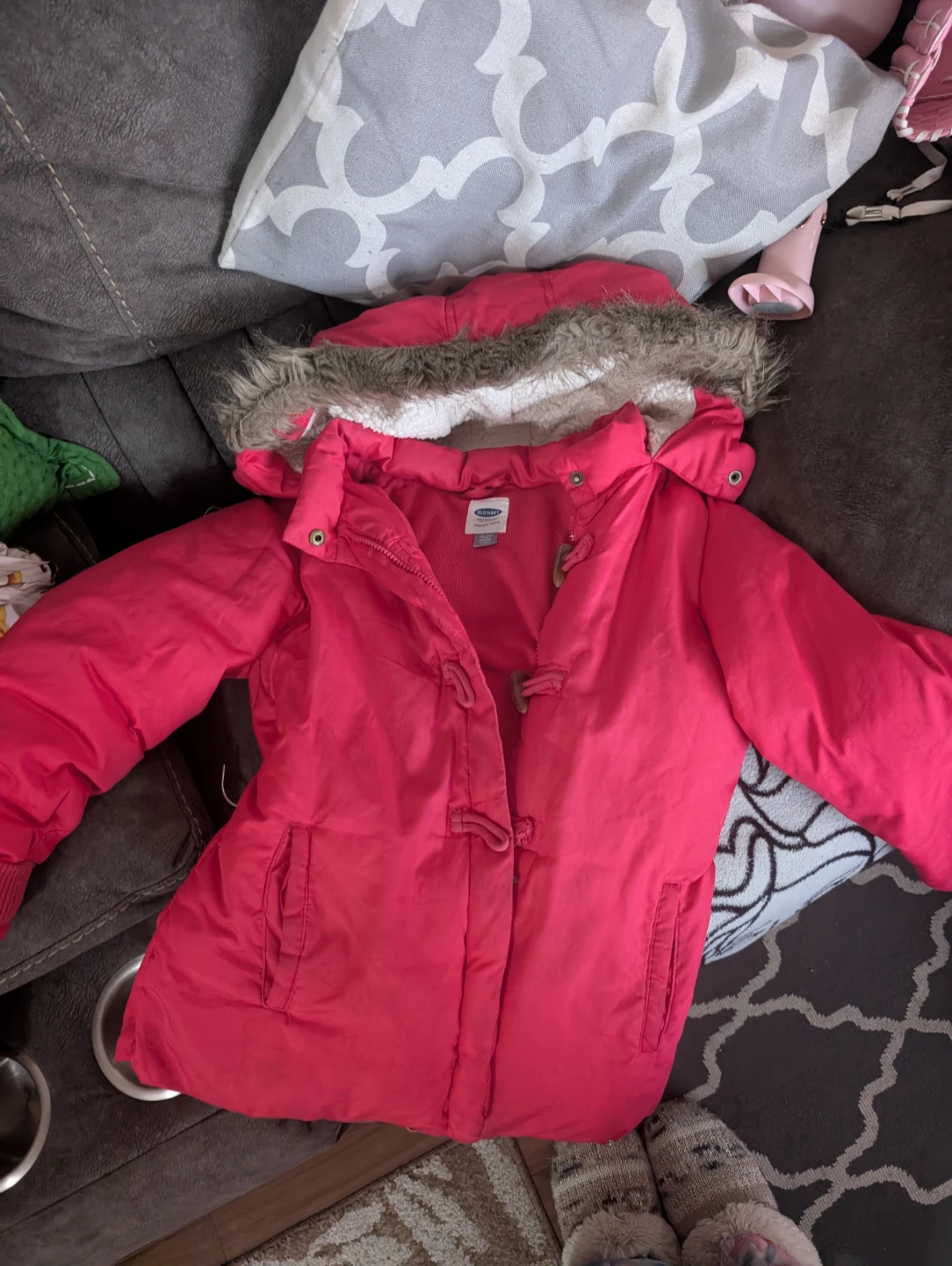 Old Navy Pink Puffer Jacket with Faux Fur Hood